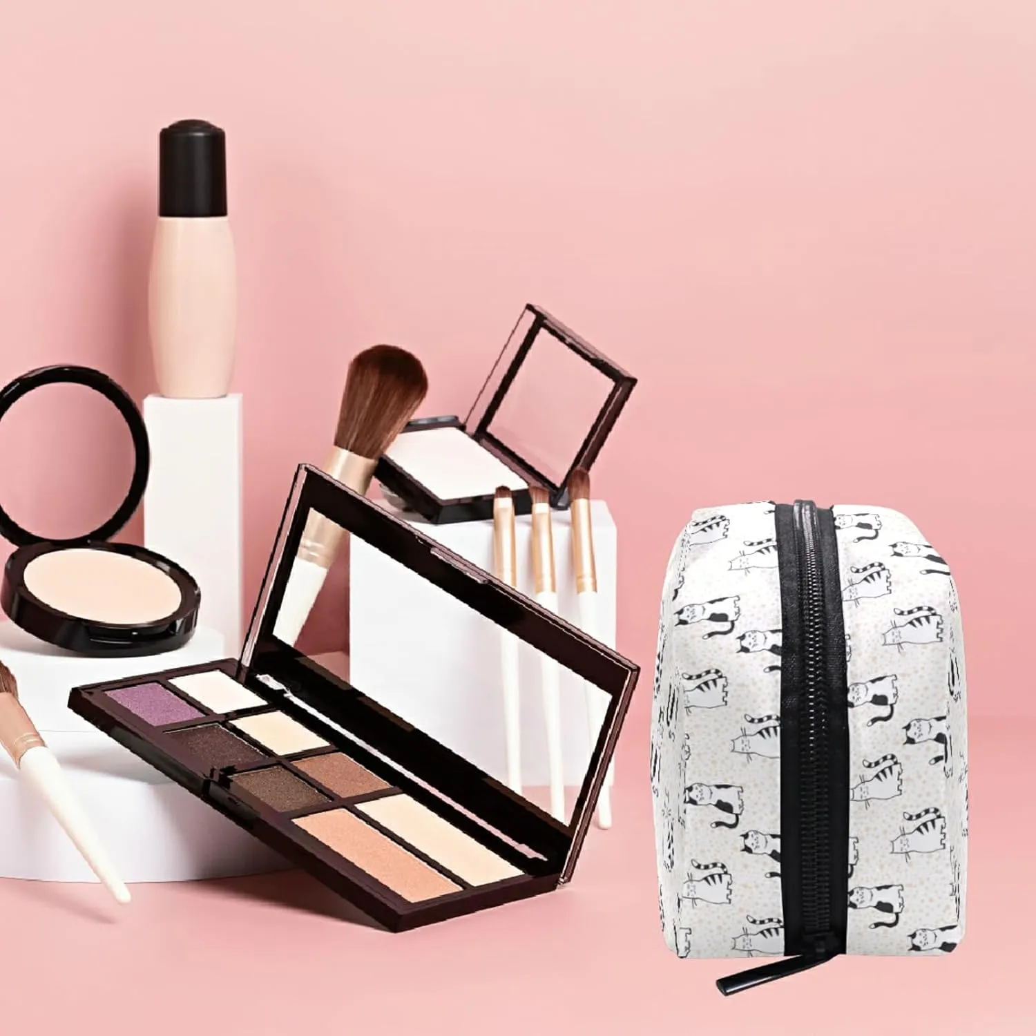 MNSRUU Small Cosmetic Bag for Girl Women Travel, Cartoon Cute Cat Makeup Toiletry Organizer Bags with Compartments