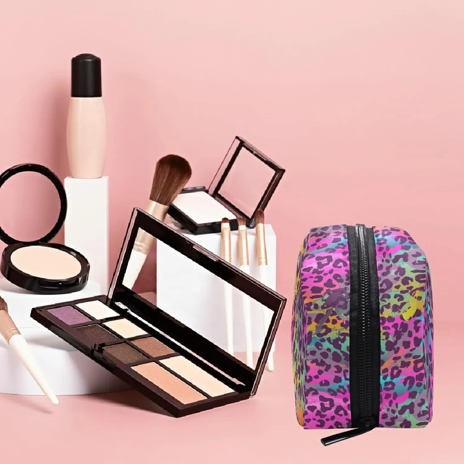 MNSRUU Small Cosmetic Bag for Girl Women Travel, Colorful Leopard Print Makeup Toiletry Organizer Bags with Compartments