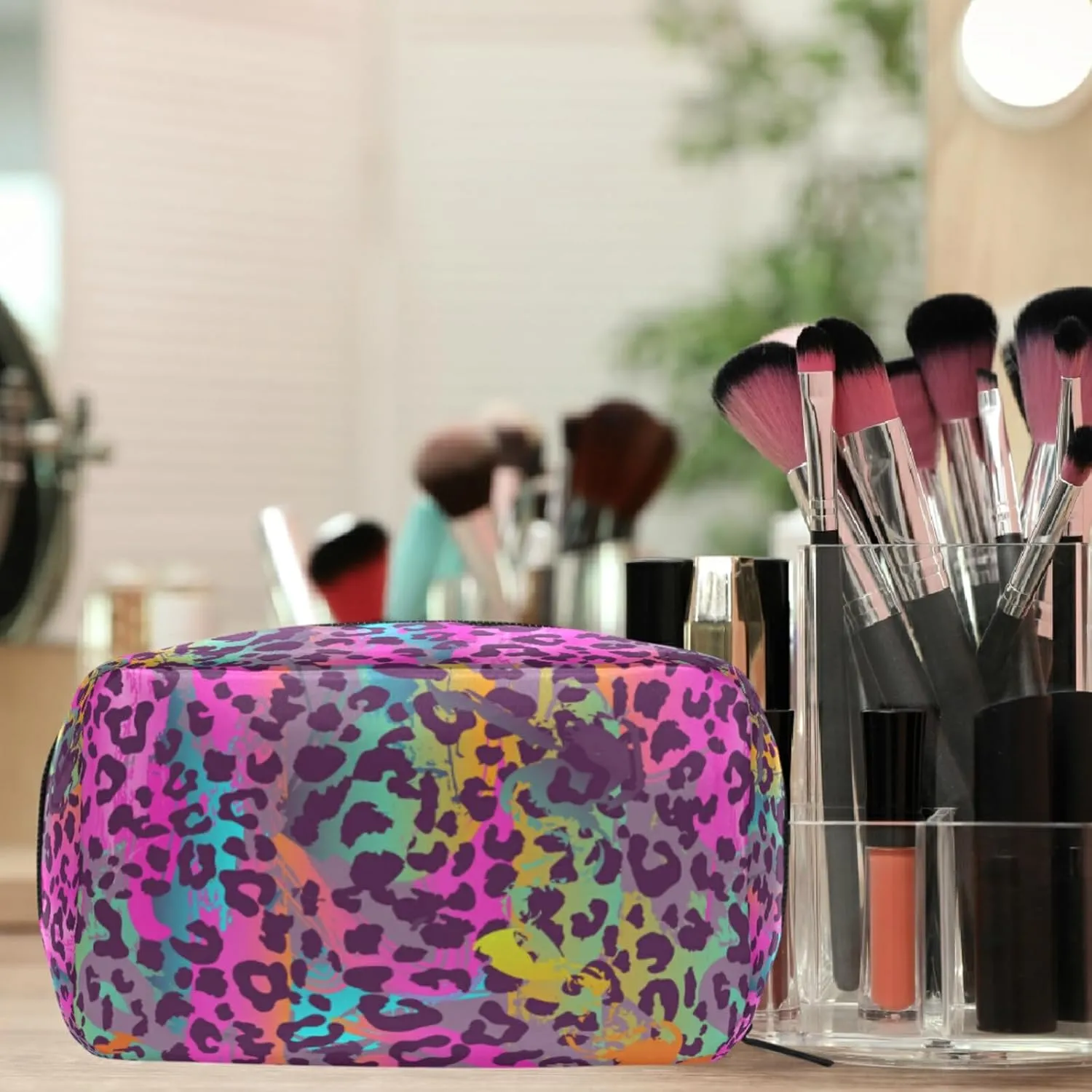 MNSRUU Small Cosmetic Bag for Girl Women Travel, Colorful Leopard Print Makeup Toiletry Organizer Bags with Compartments