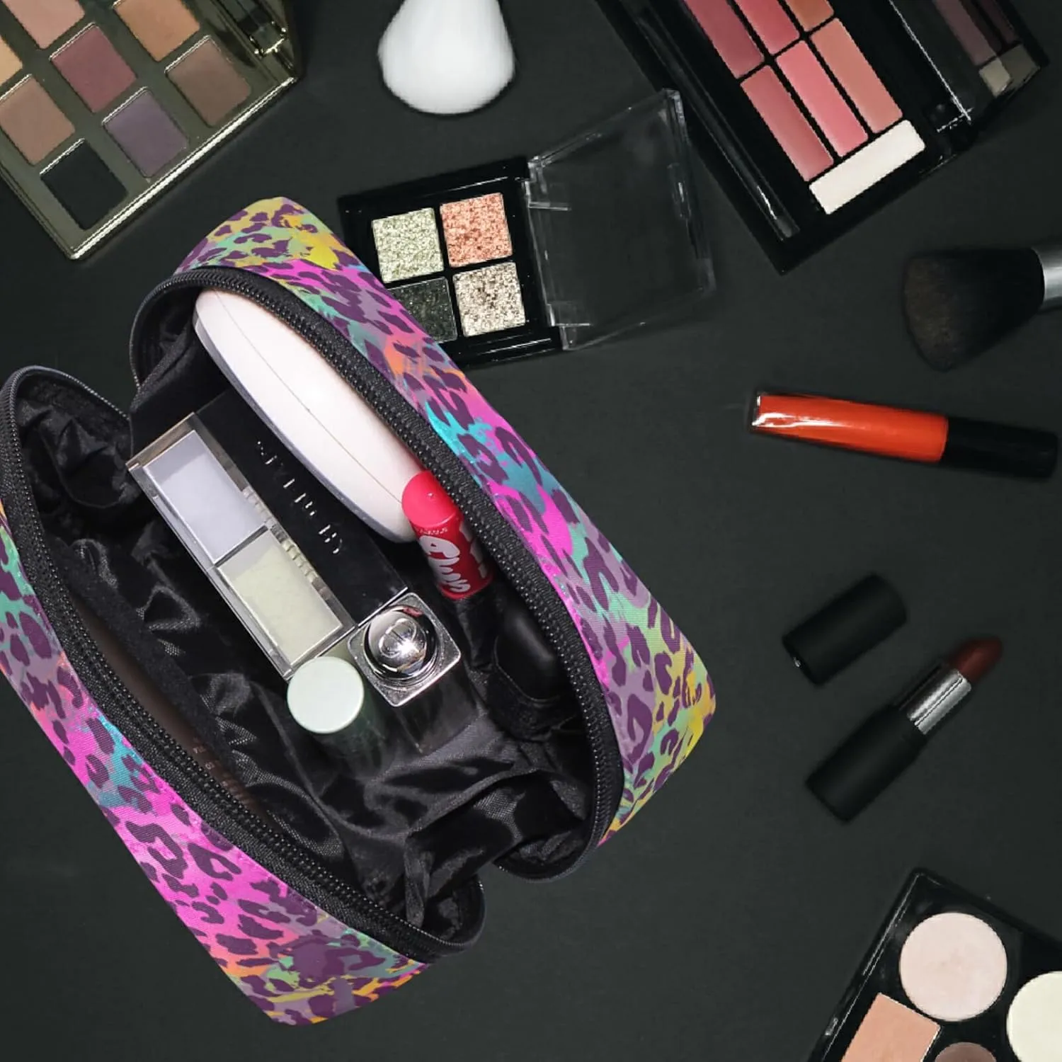 MNSRUU Small Cosmetic Bag for Girl Women Travel, Colorful Leopard Print Makeup Toiletry Organizer Bags with Compartments