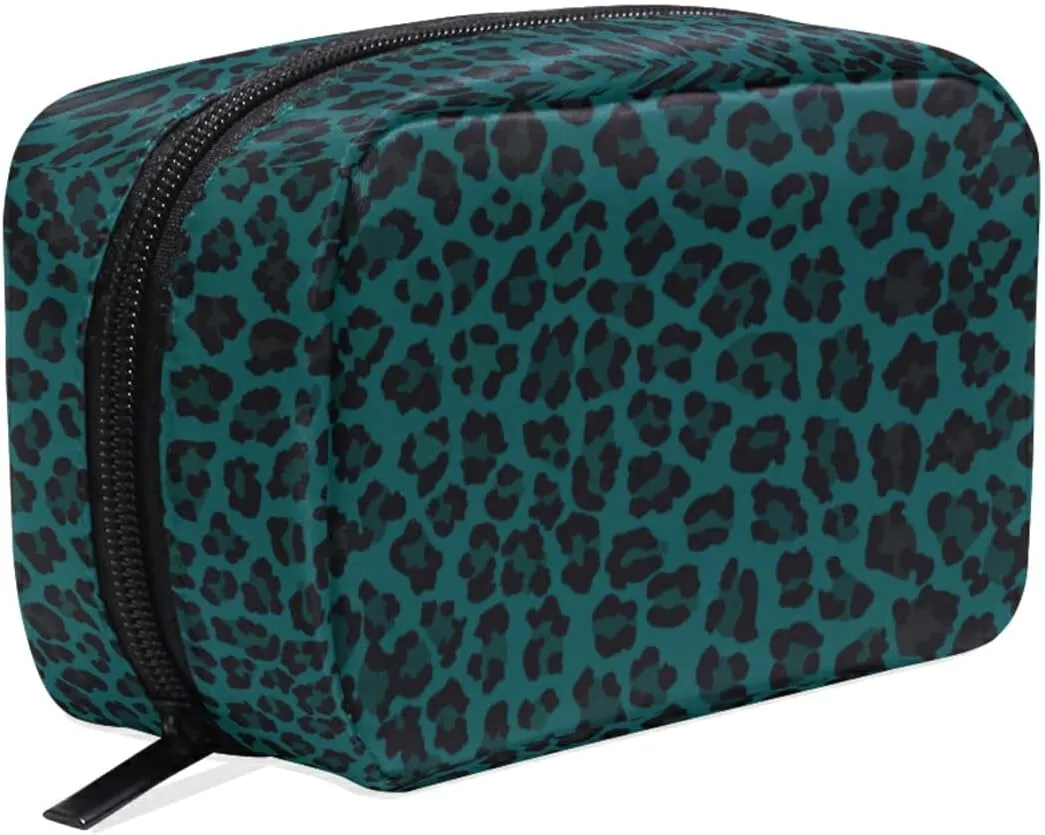 MNSRUU Small Cosmetic Bag for Girl Women Travel, Leopard Print Blue Makeup Toiletry Organizer Bags with Compartments