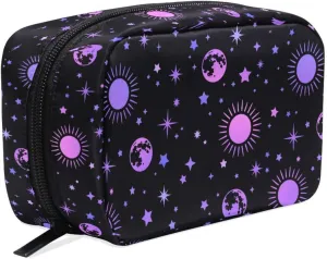 MNSRUU Small Cosmetic Bag for Girl Women Travel, Moon Sun Stars Makeup Toiletry Organizer Bags with Compartments