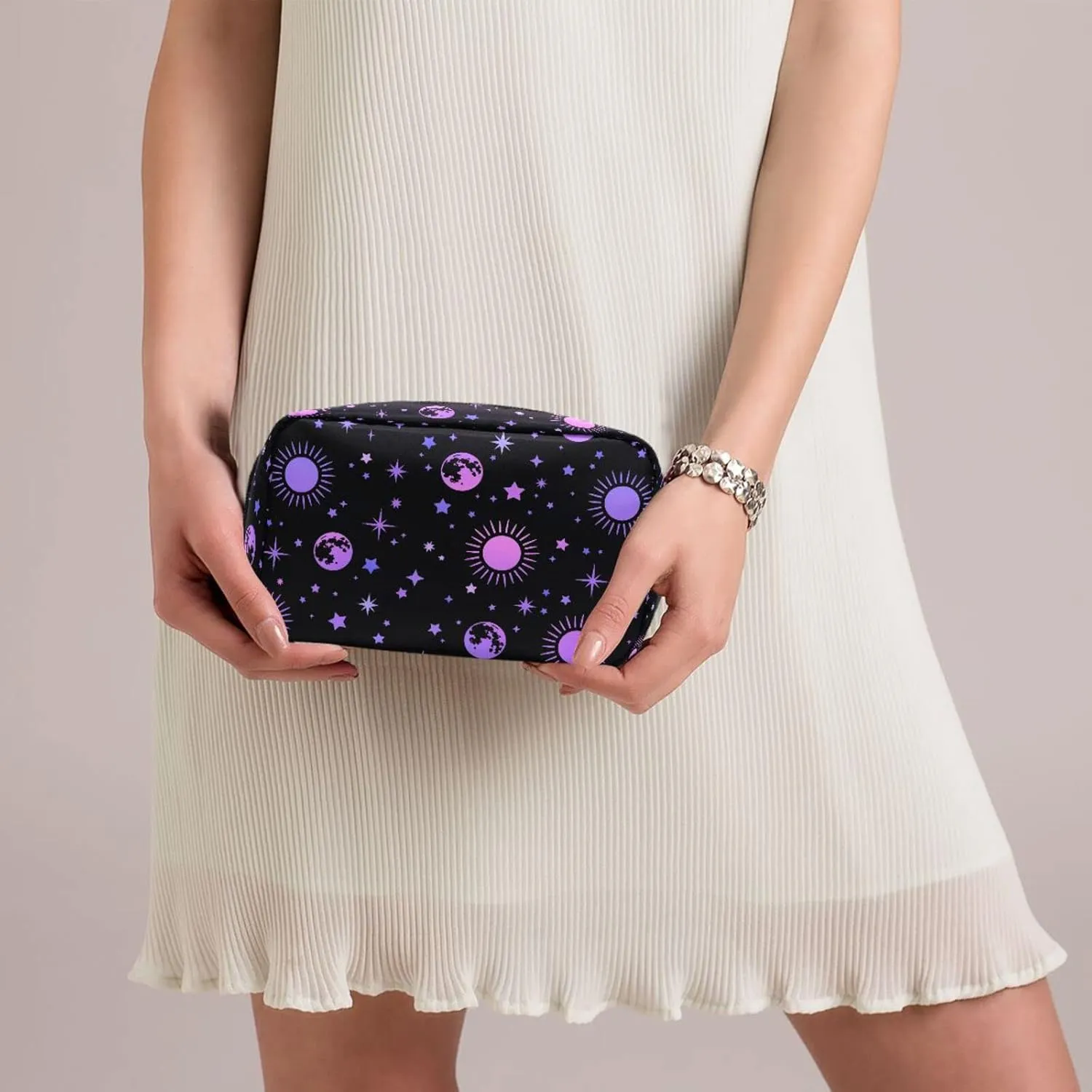 MNSRUU Small Cosmetic Bag for Girl Women Travel, Moon Sun Stars Makeup Toiletry Organizer Bags with Compartments