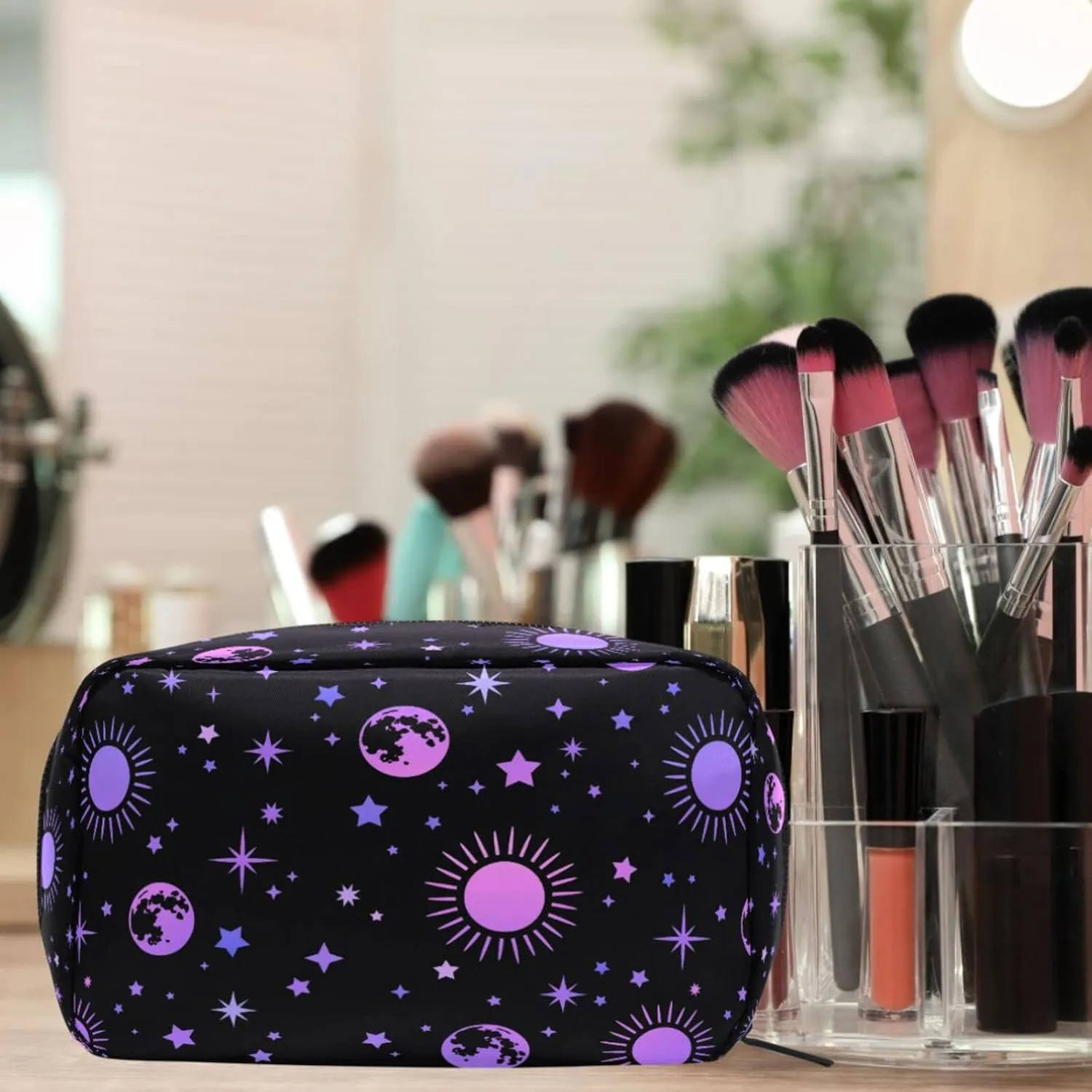 MNSRUU Small Cosmetic Bag for Girl Women Travel, Moon Sun Stars Makeup Toiletry Organizer Bags with Compartments