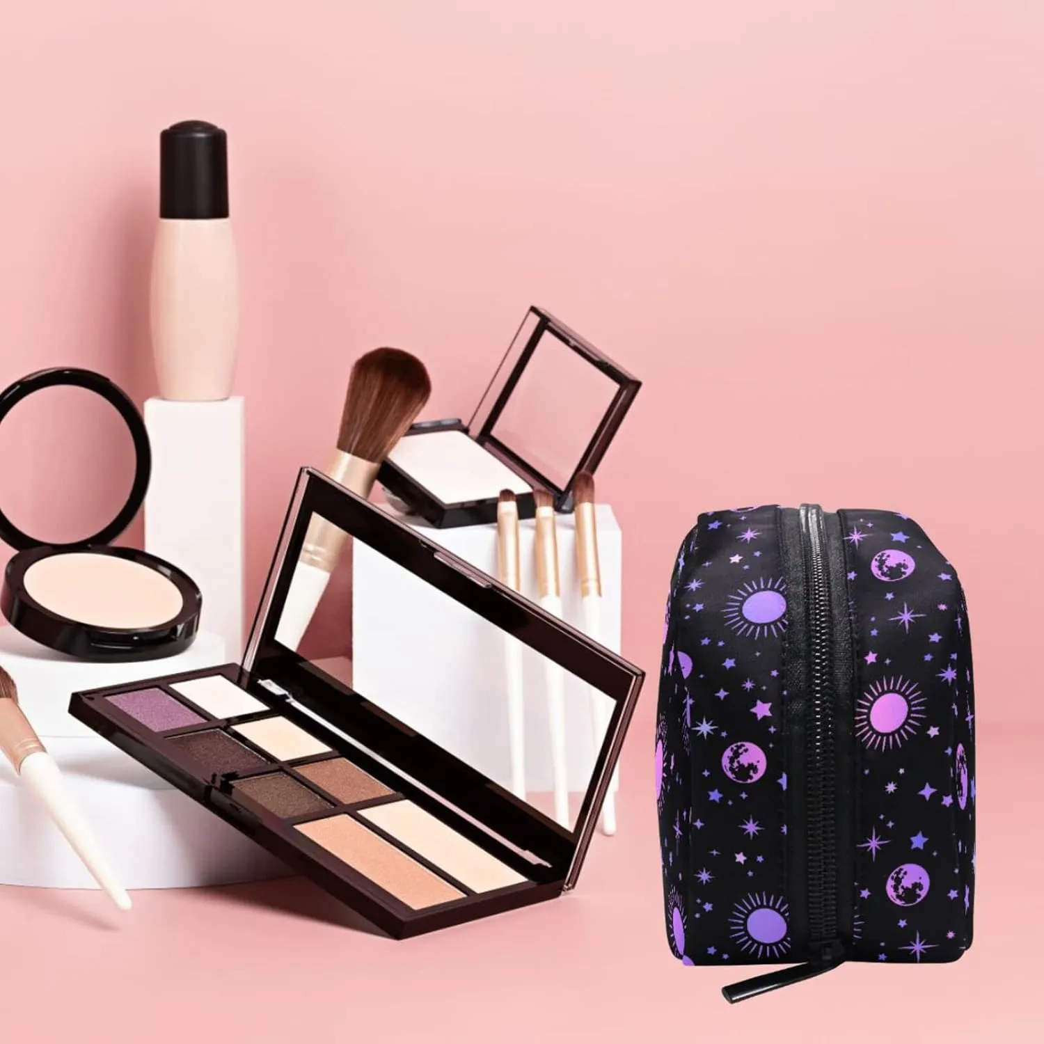 MNSRUU Small Cosmetic Bag for Girl Women Travel, Moon Sun Stars Makeup Toiletry Organizer Bags with Compartments