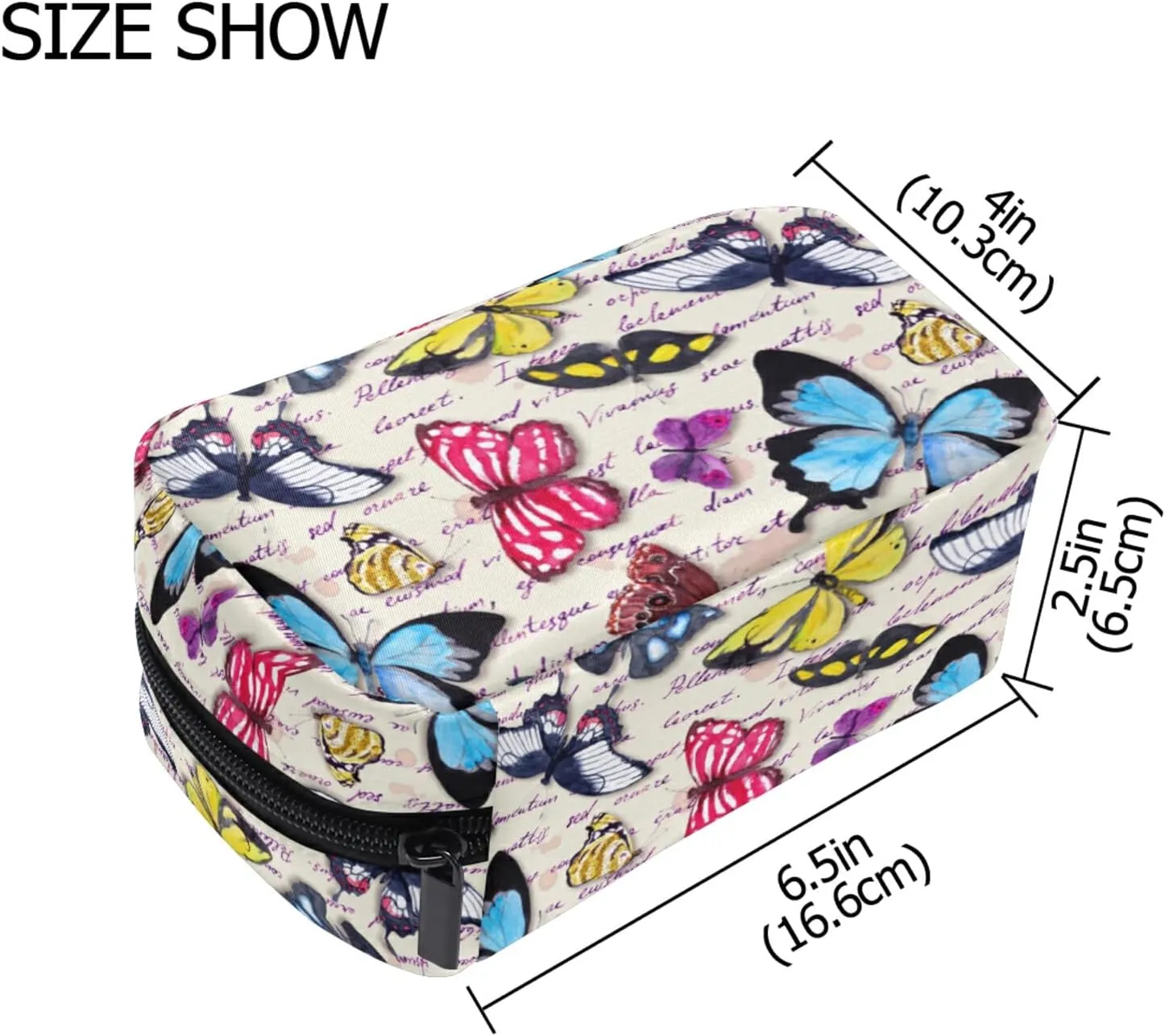 MNSRUU Small Cosmetic Bag for Girl Women Travel, Vintage Butterfly Hand Written Text Makeup Toiletry Organizer Bags with Compartments