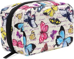 MNSRUU Small Cosmetic Bag for Girl Women Travel, Vintage Butterfly Hand Written Text Makeup Toiletry Organizer Bags with Compartments