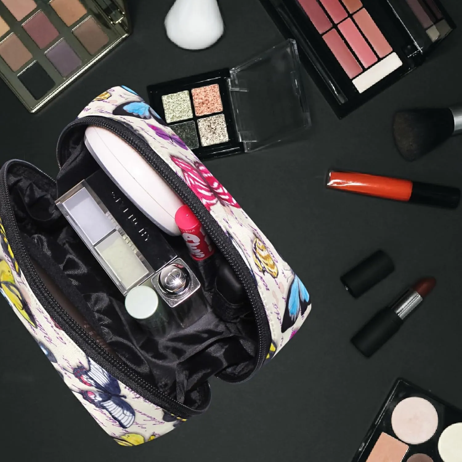 MNSRUU Small Cosmetic Bag for Girl Women Travel, Vintage Butterfly Hand Written Text Makeup Toiletry Organizer Bags with Compartments
