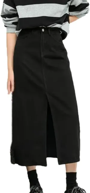 Mokkpeq Women's High Waisted Front Slit Denim Skirt Slim Fit Mid Length Black Skirts Casual Work Office Skirts