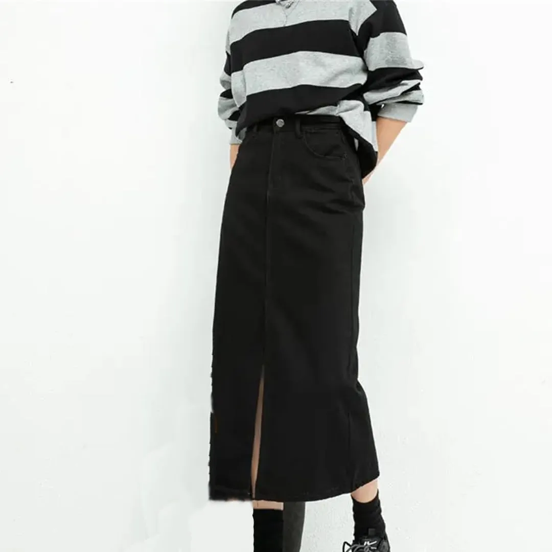 Mokkpeq Women's High Waisted Front Slit Denim Skirt Slim Fit Mid Length Black Skirts Casual Work Office Skirts