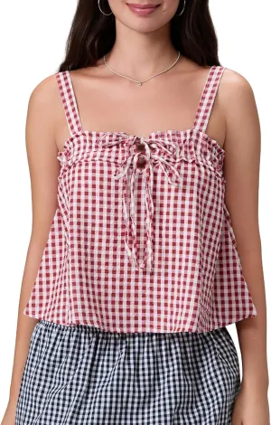 Mxiqqpltky Women Cute Plaid Camisole Y2K Tie Front Square Neck Loose Fit Cropped Tank Tops Casual Smocked Flowy Hem Cami Vest