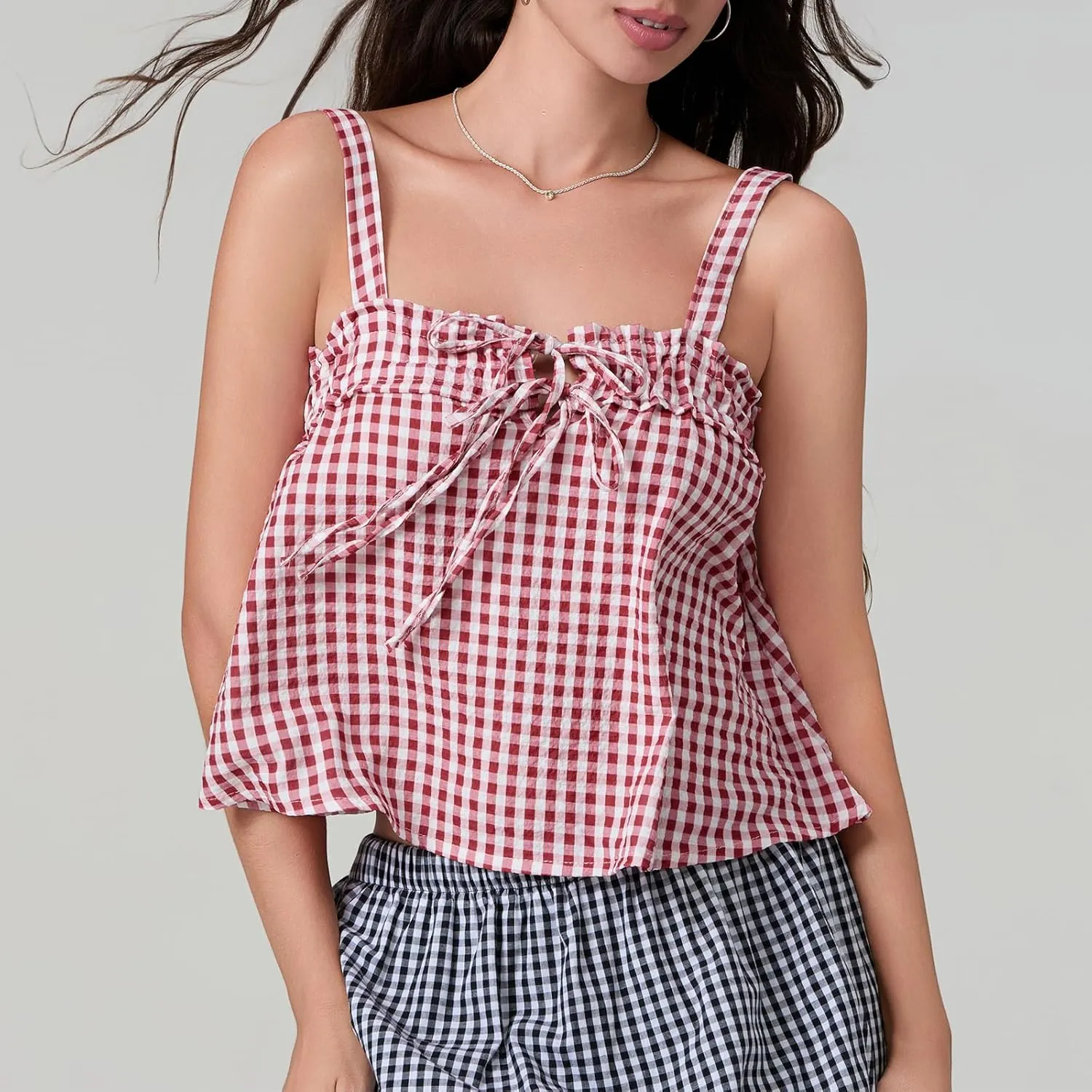 Mxiqqpltky Women Cute Plaid Camisole Y2K Tie Front Square Neck Loose Fit Cropped Tank Tops Casual Smocked Flowy Hem Cami Vest