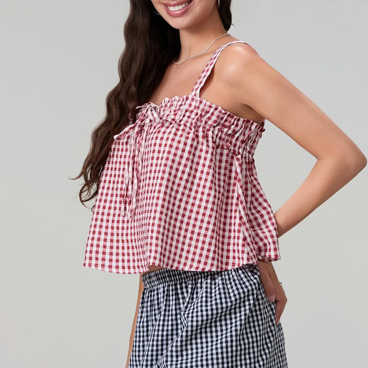Mxiqqpltky Women Cute Plaid Camisole Y2K Tie Front Square Neck Loose Fit Cropped Tank Tops Casual Smocked Flowy Hem Cami Vest