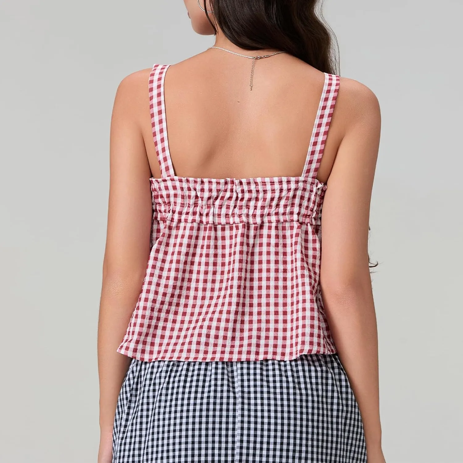 Mxiqqpltky Women Cute Plaid Camisole Y2K Tie Front Square Neck Loose Fit Cropped Tank Tops Casual Smocked Flowy Hem Cami Vest