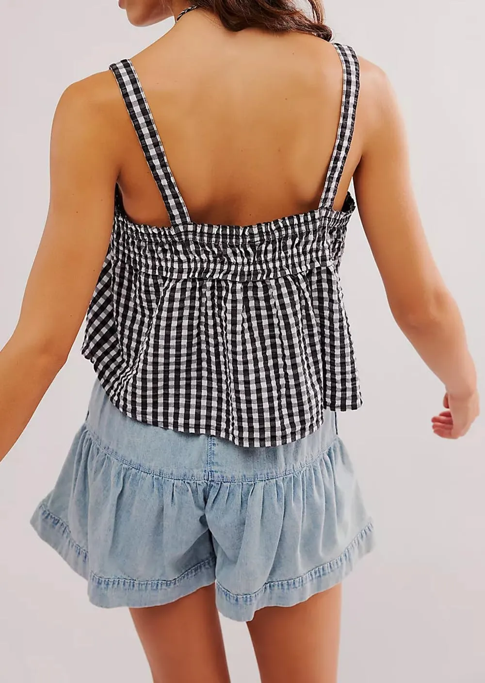 Mxiqqpltky Women Cute Plaid Camisole Y2K Tie Front Square Neck Loose Fit Cropped Tank Tops Casual Smocked Flowy Hem Cami Vest