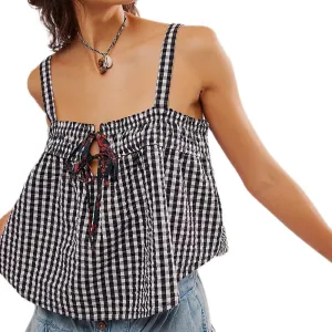 Mxiqqpltky Women Cute Plaid Camisole Y2K Tie Front Square Neck Loose Fit Cropped Tank Tops Casual Smocked Flowy Hem Cami Vest