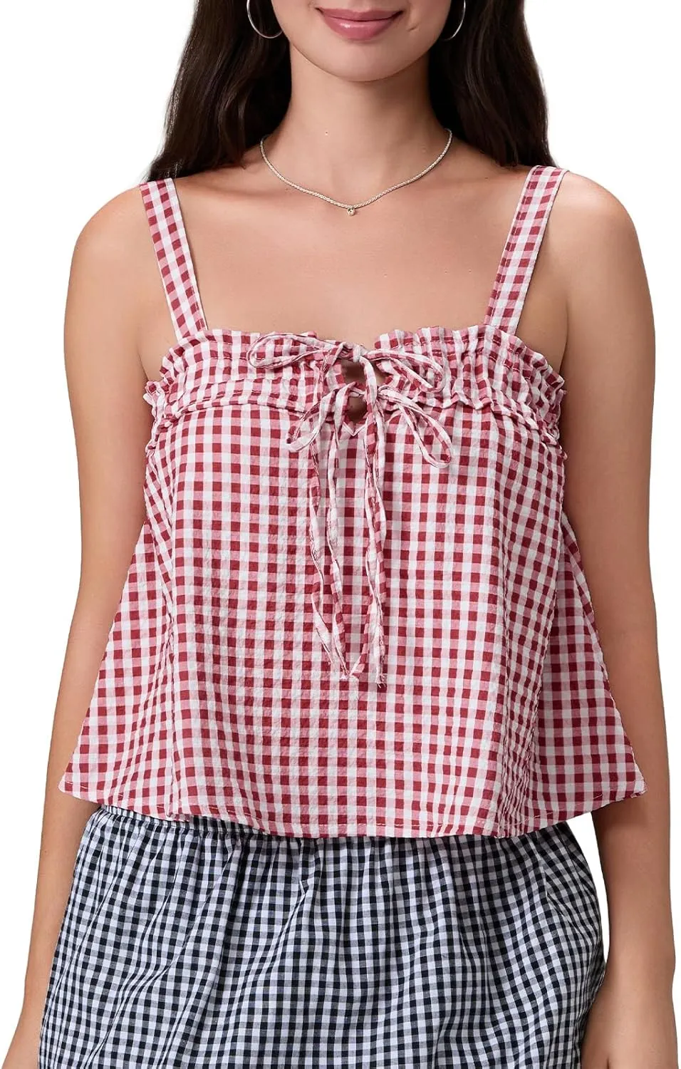 Mxiqqpltky Women Cute Plaid Camisole Y2K Tie Front Square Neck Loose Fit Cropped Tank Tops Casual Smocked Flowy Hem Cami Vest