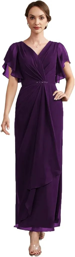 NABN Mother of The Bride Dresses Ruffle Sleeves Chiffon V Neck Bodycon Long Formal Gowns Evening Party Dresses
