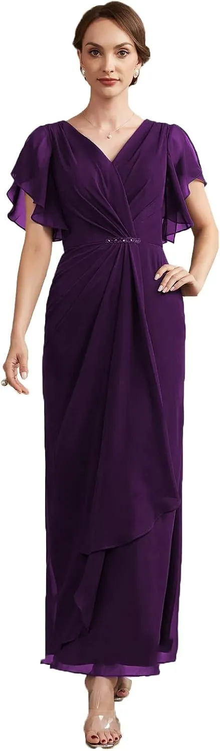 NABN Mother of The Bride Dresses Ruffle Sleeves Chiffon V Neck Bodycon Long Formal Gowns Evening Party Dresses