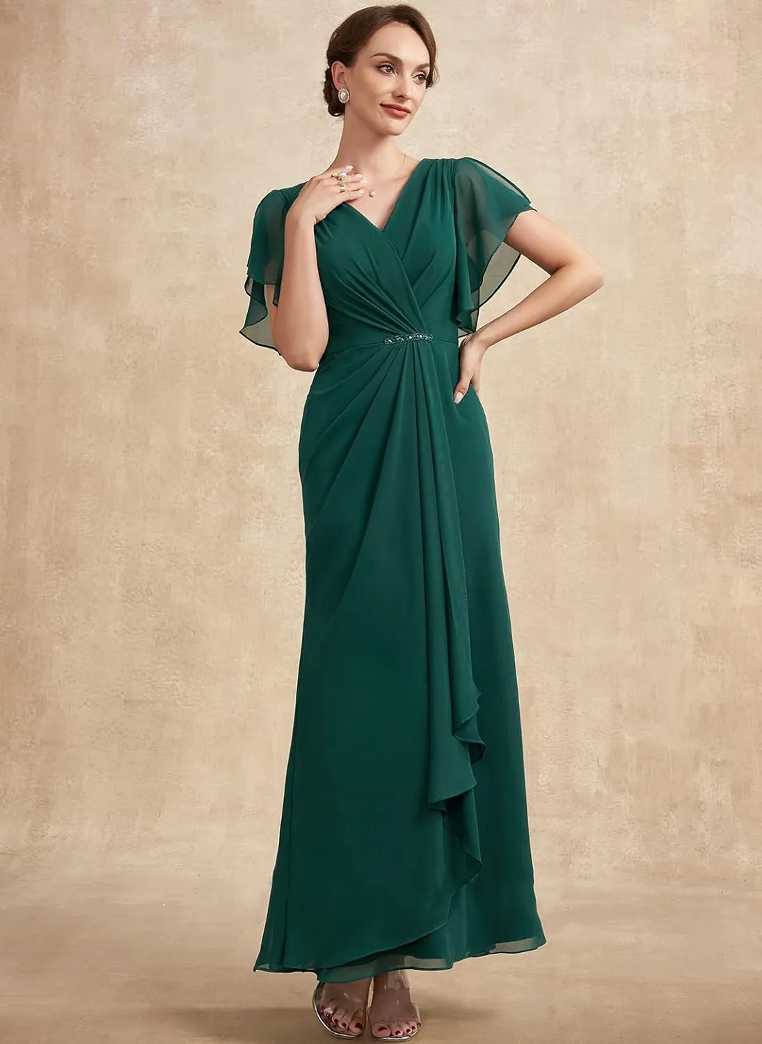 NABN Mother of The Bride Dresses Ruffle Sleeves Chiffon V Neck Bodycon Long Formal Gowns Evening Party Dresses