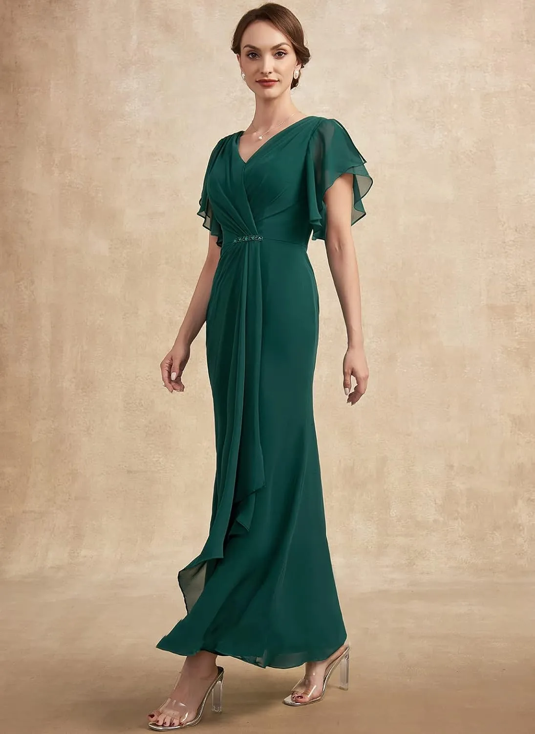 NABN Mother of The Bride Dresses Ruffle Sleeves Chiffon V Neck Bodycon Long Formal Gowns Evening Party Dresses