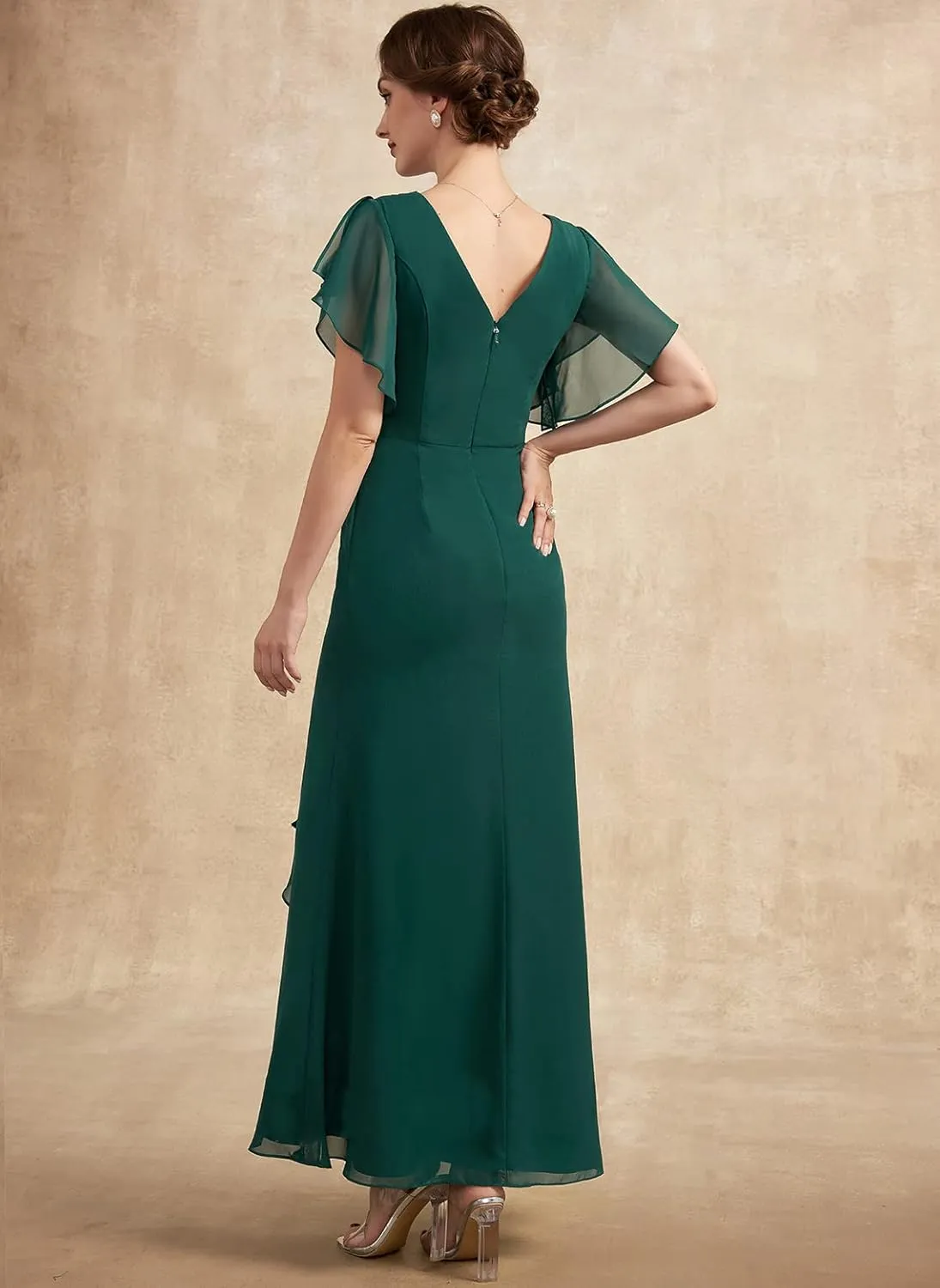 NABN Mother of The Bride Dresses Ruffle Sleeves Chiffon V Neck Bodycon Long Formal Gowns Evening Party Dresses
