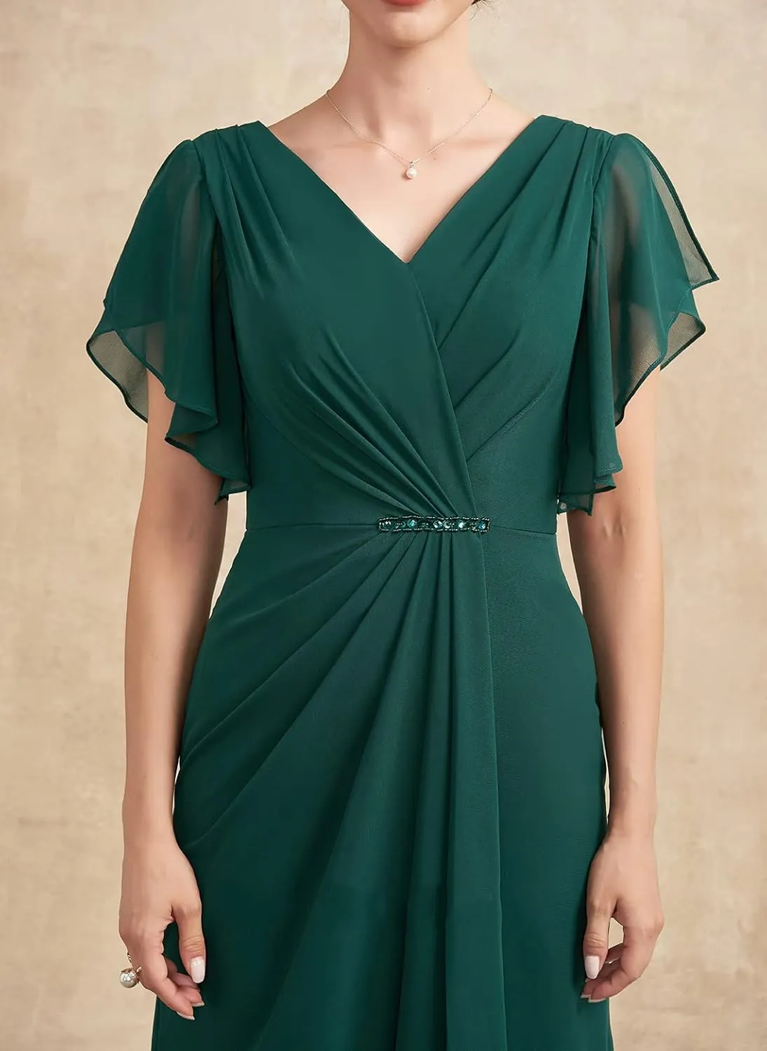 NABN Mother of The Bride Dresses Ruffle Sleeves Chiffon V Neck Bodycon Long Formal Gowns Evening Party Dresses