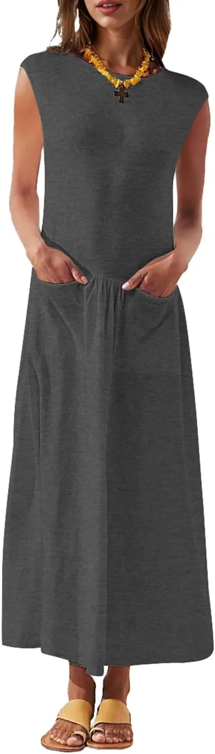 Naggoo Womens Sleeveless Maxi Dress Summer Casual Crewneck Tank Long Dreses with Pocket Vacation Beach Sundress