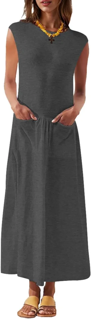 Naggoo Womens Sleeveless Maxi Dress Summer Casual Crewneck Tank Long Dreses with Pocket Vacation Beach Sundress