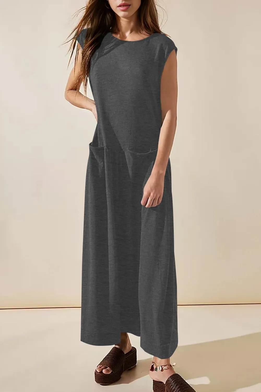 Naggoo Womens Sleeveless Maxi Dress Summer Casual Crewneck Tank Long Dreses with Pocket Vacation Beach Sundress