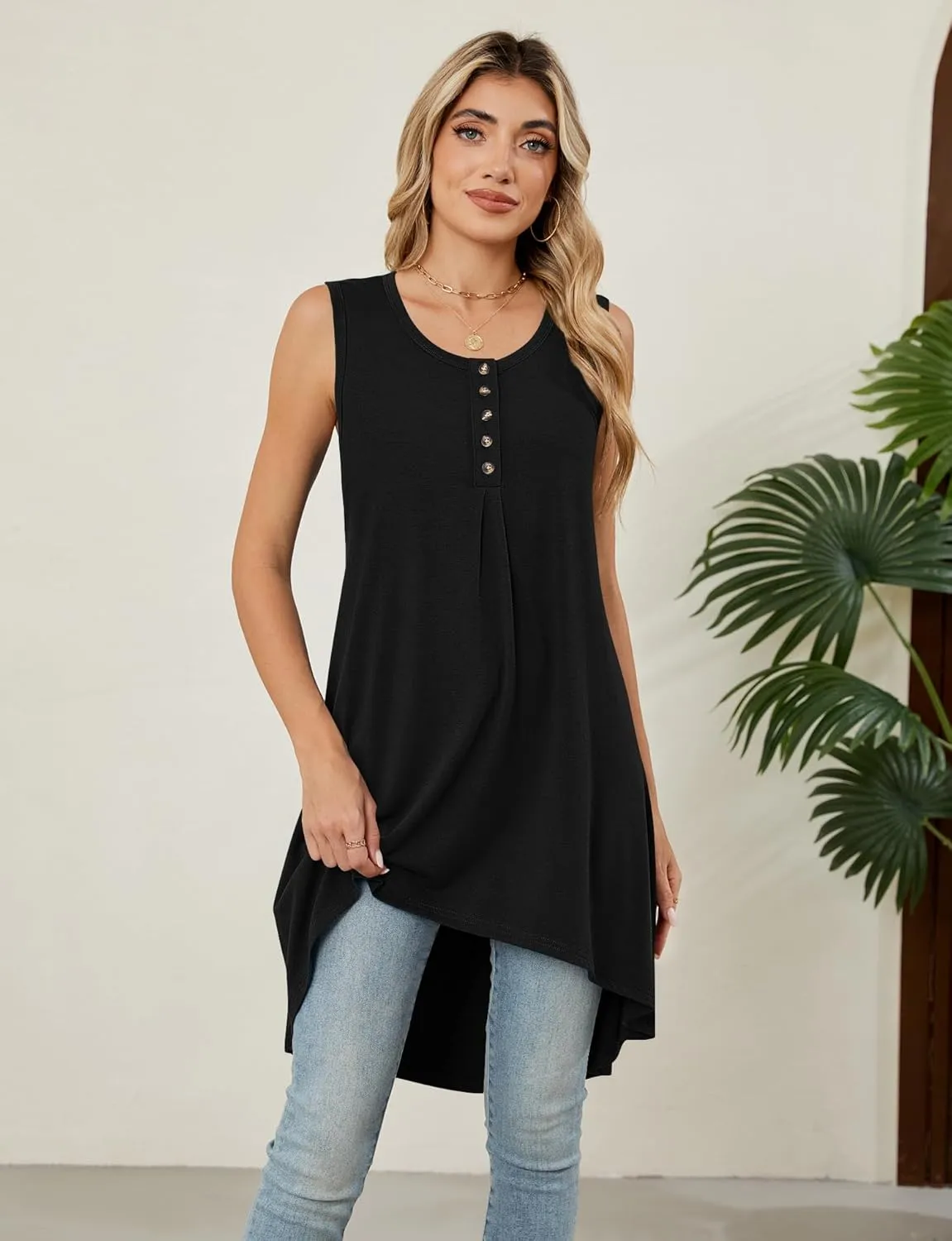 Naggoo Women's Summer Sleeveless Tunic Tops Button V Neck High Low Loose Flowy Casual Long Tank Tops