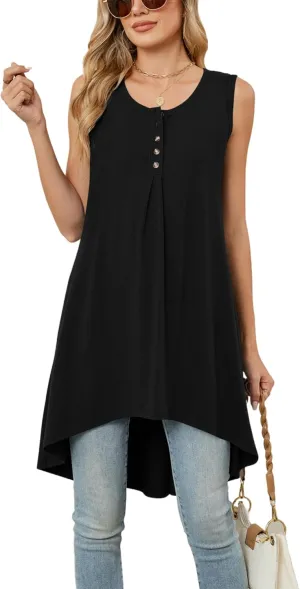 Naggoo Women's Summer Sleeveless Tunic Tops Button V Neck High Low Loose Flowy Casual Long Tank Tops