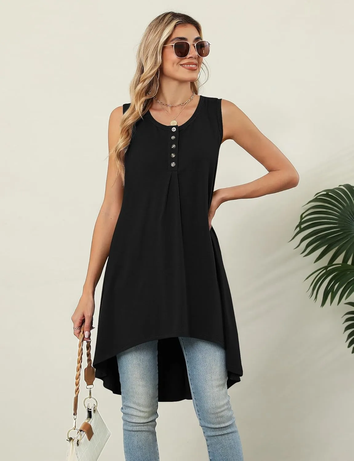 Naggoo Women's Summer Sleeveless Tunic Tops Button V Neck High Low Loose Flowy Casual Long Tank Tops