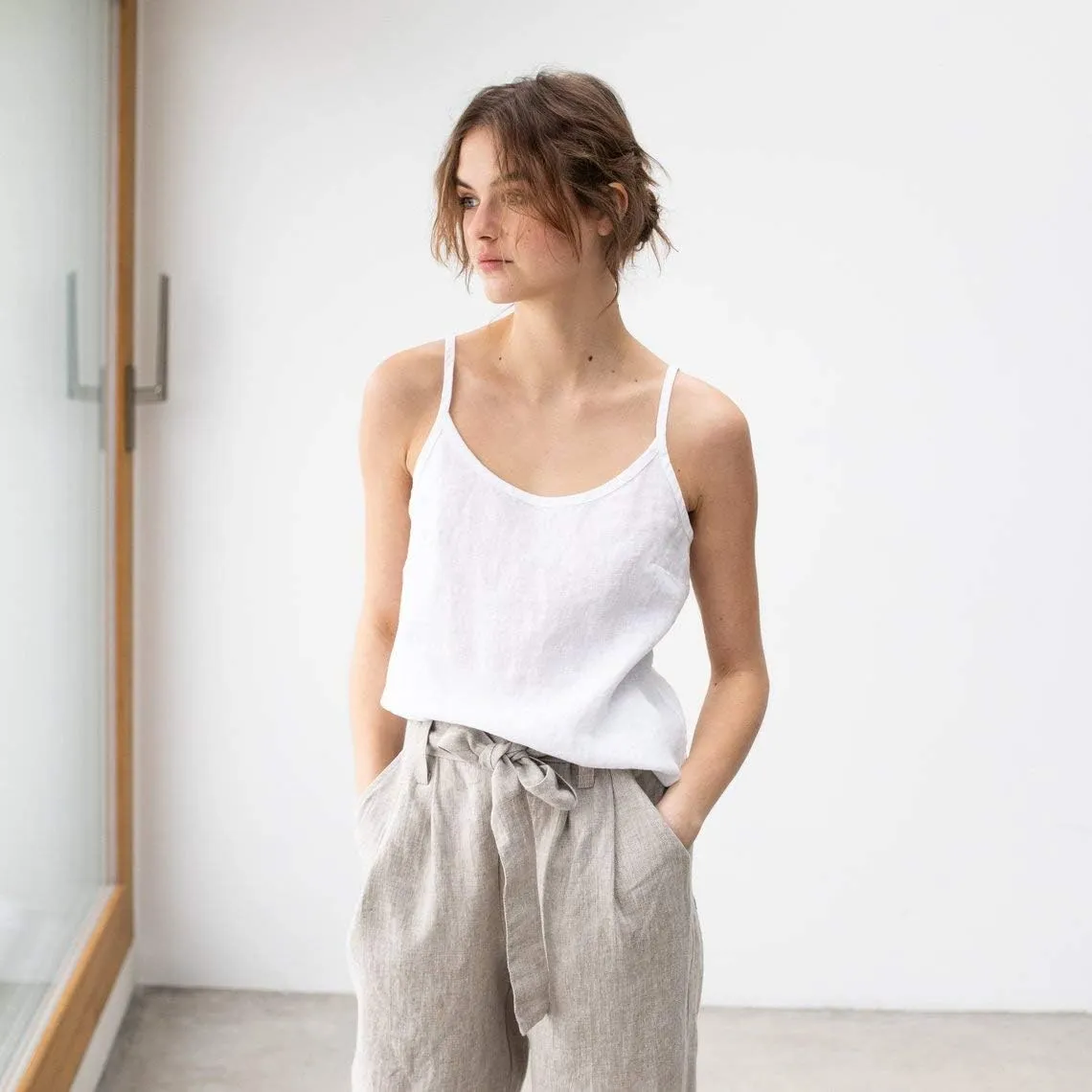Namcyanly Womens Spaghetti Sleeveless Camisole Cotton Linen Tank Tops Solid Sling Tank Tops Vest Blouse Plus Size