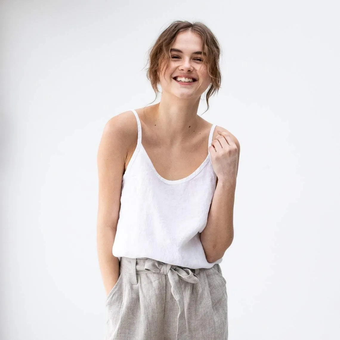Namcyanly Womens Spaghetti Sleeveless Camisole Cotton Linen Tank Tops Solid Sling Tank Tops Vest Blouse Plus Size