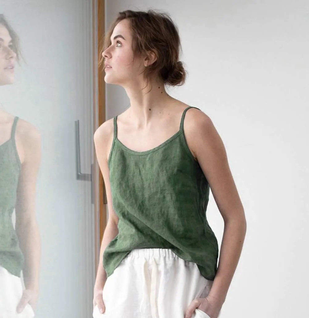 Namcyanly Womens Spaghetti Sleeveless Camisole Cotton Linen Tank Tops Solid Sling Tank Tops Vest Blouse Plus Size