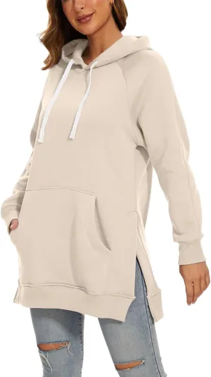 Oversized Hoodie Dress for Women Casual Drawstring Long Warmy Sweatshirt with Pockets Fashion Split Hem Long Sleeve