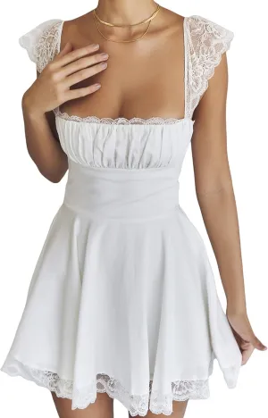 Owl's-Yard Graduation Dress for Women Summer Mini Dress Spaghetti Strap Solid Color Ruffle Hem Flowy A-Line Dress