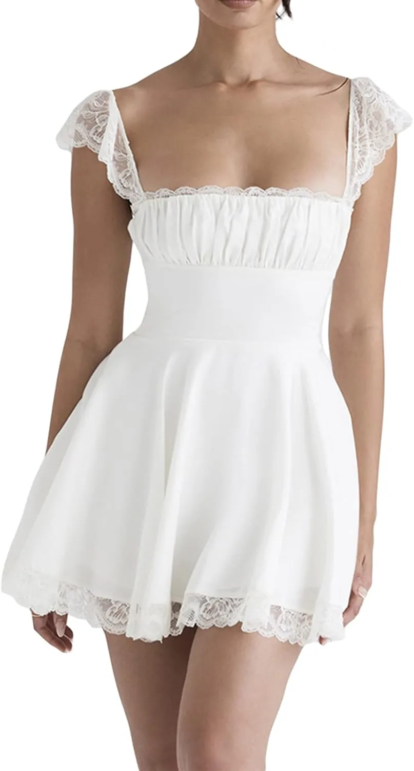 Owl's-Yard Graduation Dress for Women Summer Mini Dress Spaghetti Strap Solid Color Ruffle Hem Flowy A-Line Dress