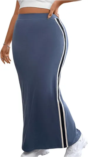 OYOANGLE Women's Plus Size Contrast Binding Bodycon Maxi Skirt Elastic High Waist Casual Long Skirts