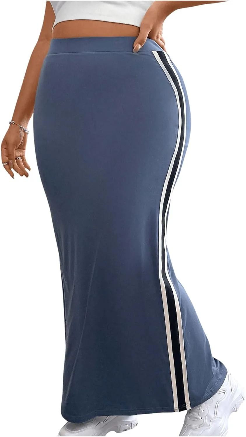 OYOANGLE Women's Plus Size Contrast Binding Bodycon Maxi Skirt Elastic High Waist Casual Long Skirts