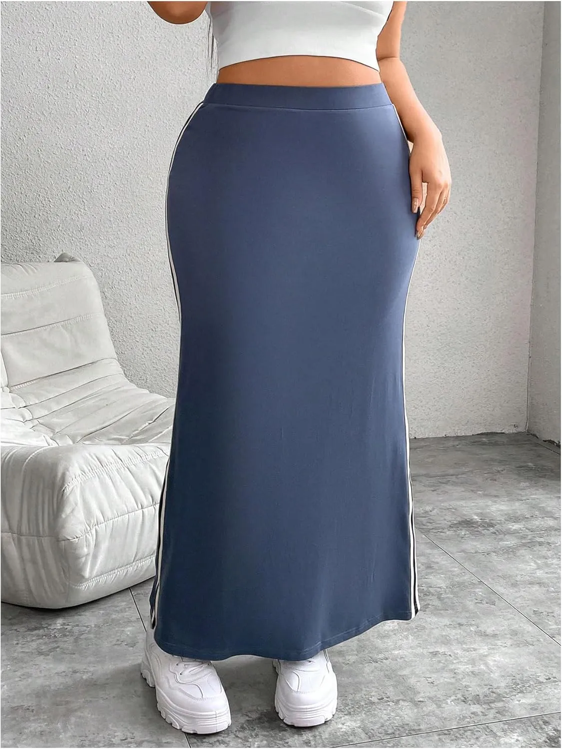 OYOANGLE Women's Plus Size Contrast Binding Bodycon Maxi Skirt Elastic High Waist Casual Long Skirts