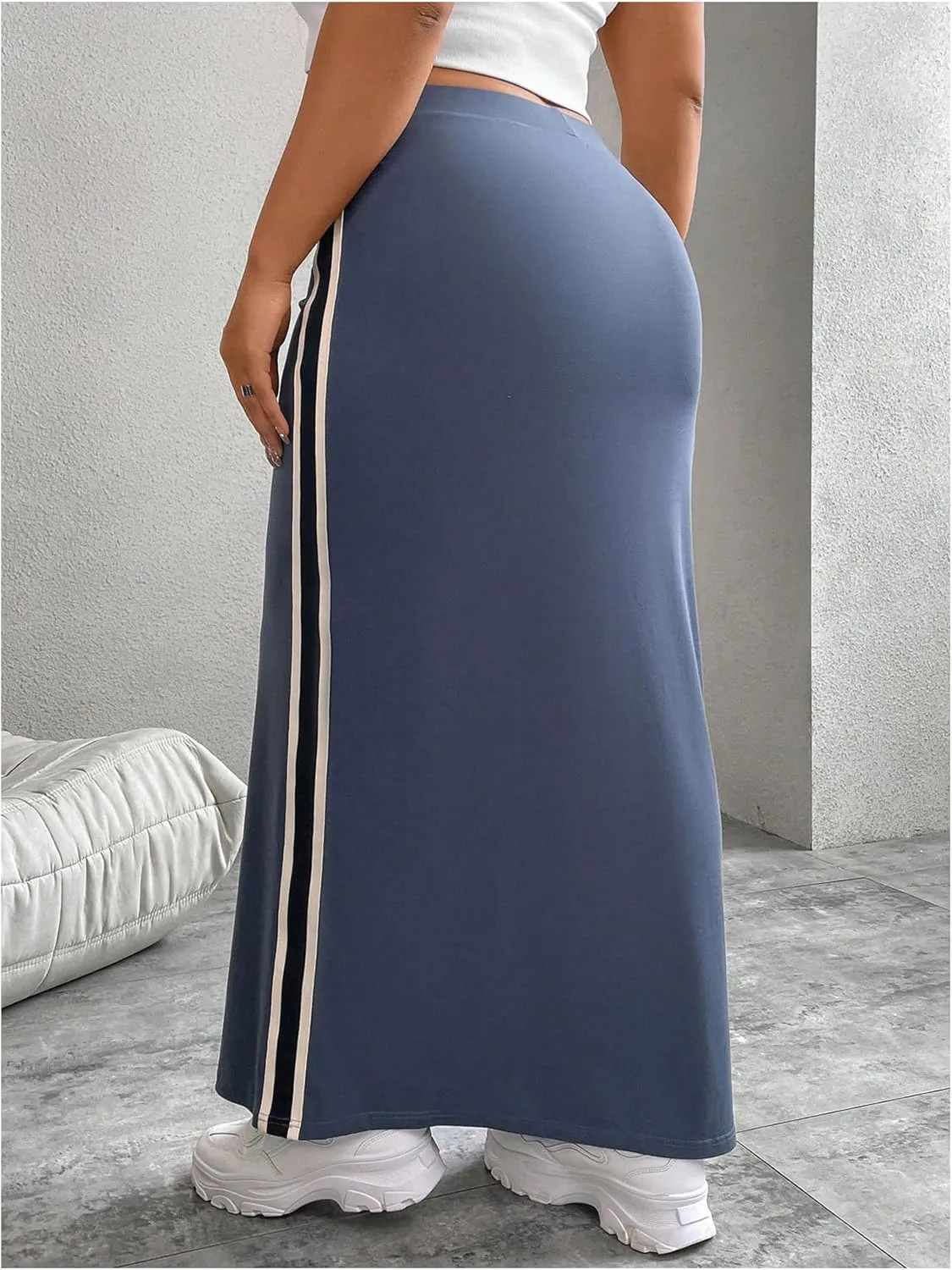 OYOANGLE Women's Plus Size Contrast Binding Bodycon Maxi Skirt Elastic High Waist Casual Long Skirts