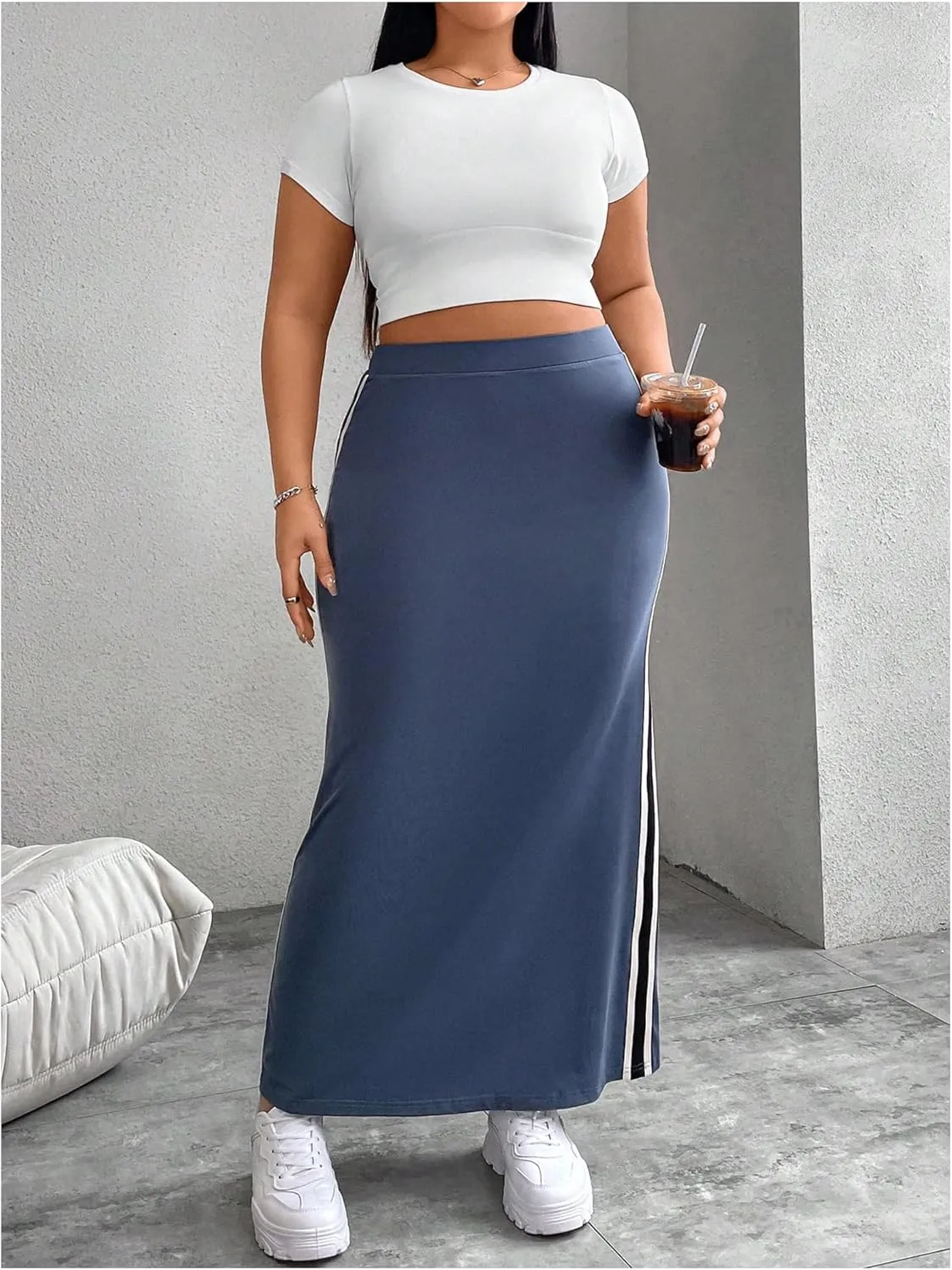 OYOANGLE Women's Plus Size Contrast Binding Bodycon Maxi Skirt Elastic High Waist Casual Long Skirts
