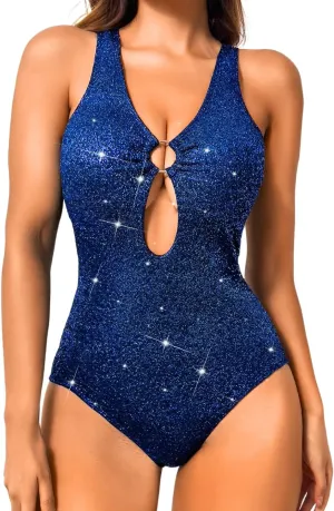 Petite Metallic Swimsuits for Women,Sparkly Glitter Keyhole Sexy Bodysuit,Cheeky One Piece Swimsuit Beach Concert