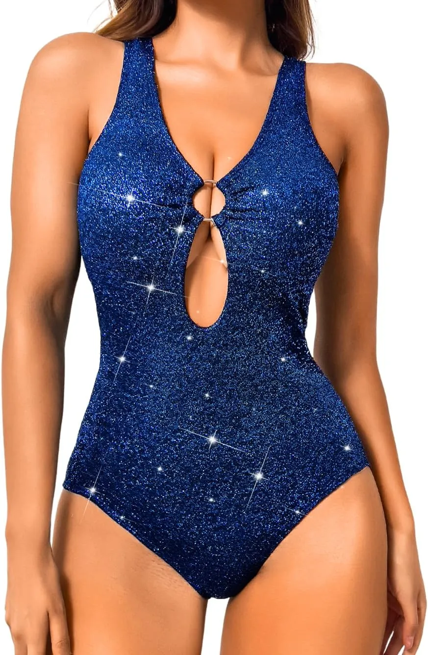 Petite Metallic Swimsuits for Women,Sparkly Glitter Keyhole Sexy Bodysuit,Cheeky One Piece Swimsuit Beach Concert
