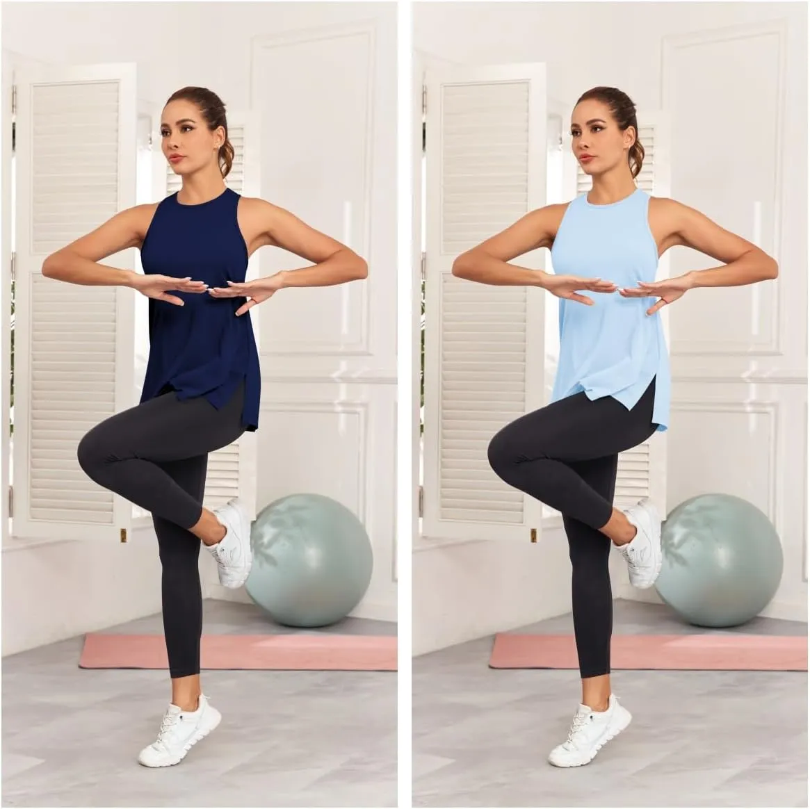 Pima Cotton Racerback Yoga Tops Woman Side Split Athletic Workout Tank Tops Loose Fit Moisture Wicking 2 Pack