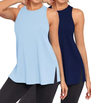 Pima Cotton Racerback Yoga Tops Woman Side Split Athletic Workout Tank Tops Loose Fit Moisture Wicking 2 Pack