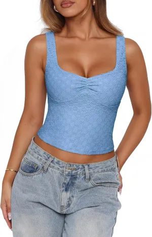 PINKMSTYLE Women Sexy Square Neck Tank Tops Slim Sleeveless Double Lined Going Out Fashion Lace Backless Y2K Tops