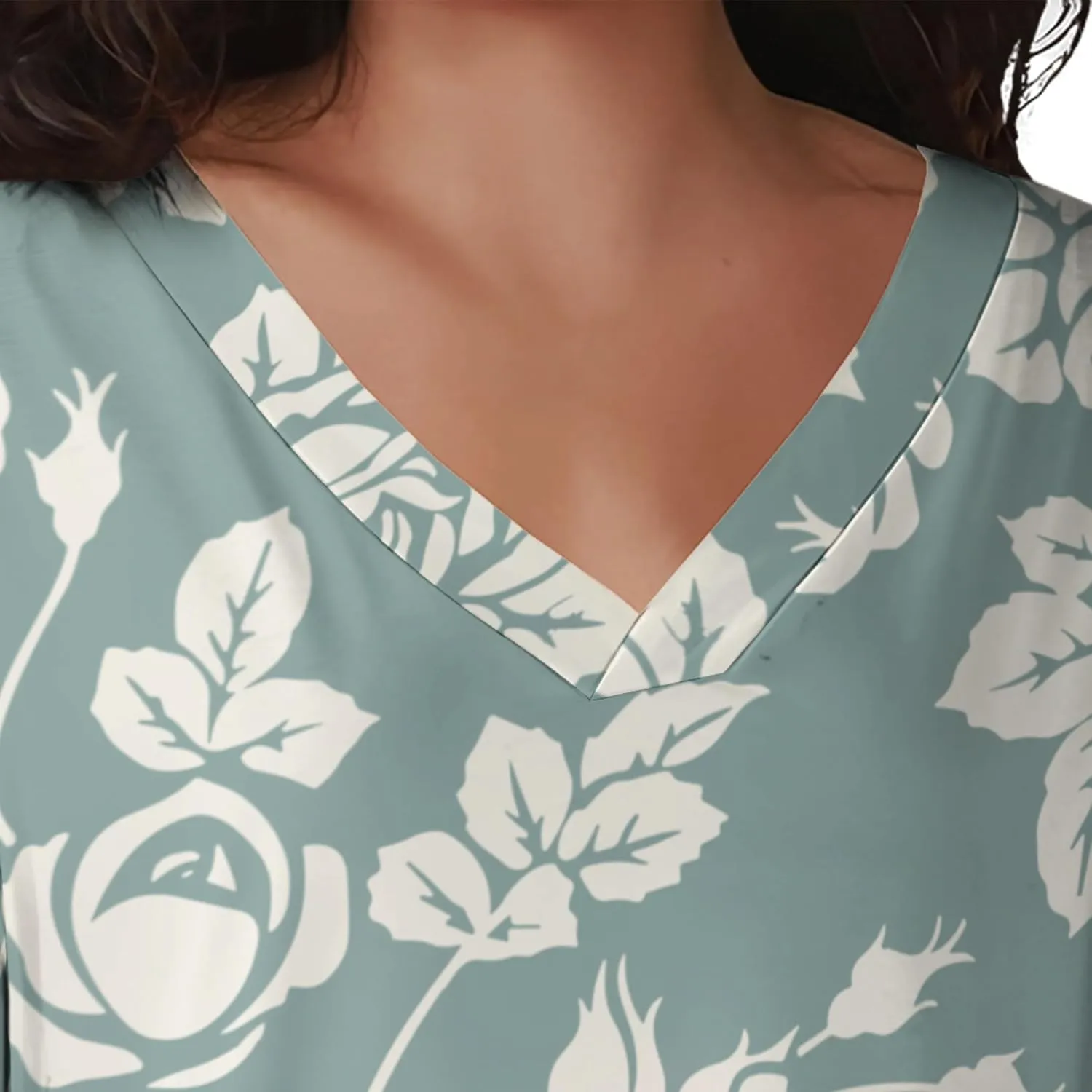 PinkPatty Women's Plus Size Rose Print Dresses V Neck Short Sleeve Midi Dress with Pockets Sundress